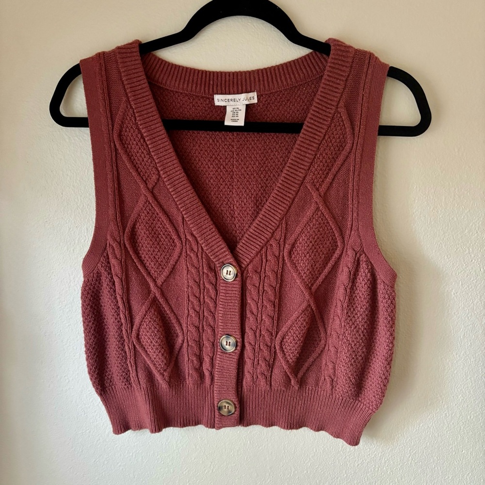 Pink Cable Knit Sweater Vest By Sincerely Jules Sz XL V Neck Fall Winter Staple